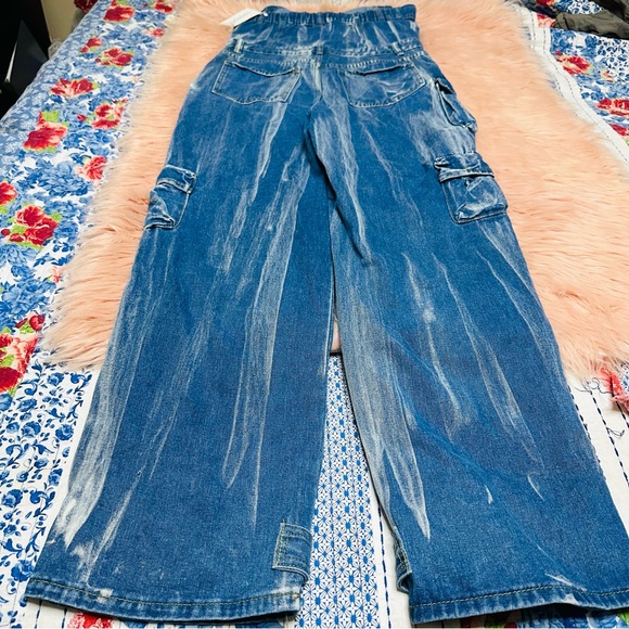 Button Up Strapless Pockets Straight Leg Denim Jumpsuit-Blue Sz M - Picture 8 of 11